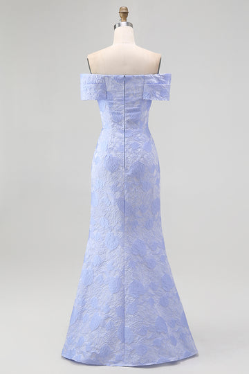 Floral Blue Mermaid Off the Shoulder Long Bridesmaid Dress